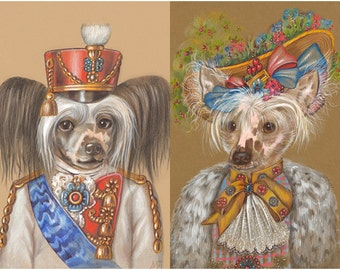Chinese Crested Couple - 2 Art Prints - Cavalryman and Lady Gardener - Chinese Crested Dog Prints - Funny Pet Portraits by Maria Pishvanova