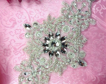JB128 Applique Glass Rhinestone Silver Beaded 7" (JB128-slcr)