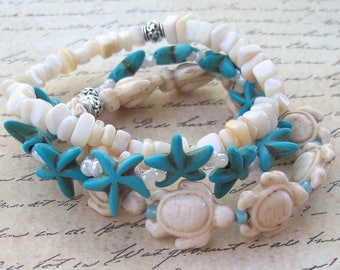 3 Stretch Bracelets, starfish stretch bracelet, tropical, sea turtle stacking bracelet, turquoise howlite, ivory, stretchy, stack