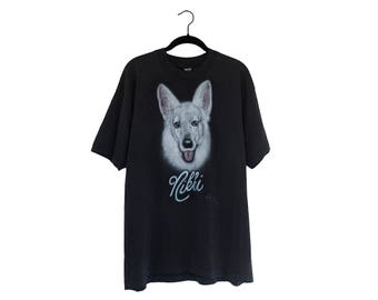 Vintage Nikki Airbrushed Dog Portrait Black Screen Stars 50/50 T-Shirt, Made in USA - XL