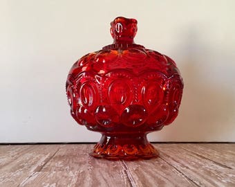 Vintage Red Candy Dish, LE Smith Red Moon And Stars Footed Candy Dish, Moon And Stars Compote Dish, Amberina Moon and Stars