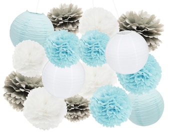 16PCS Boy Baby Shower Decoration Baby Blue Grey White Mixed Tissue Pom Poms Paper Lantern Party Favors Wedding Birthday Paper Decoration