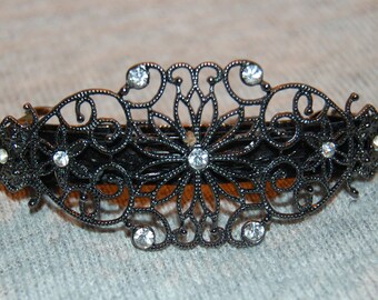 Barrette Hair Clip, Rhinestone Silver Barrette, Clear Dark Silver, Vintage old jewelry