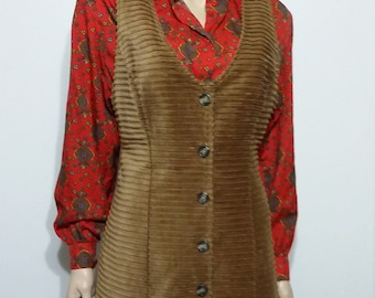 Corduroy jumper, S, M, brown jumper, 70s jumper, corduroy dress, brown jumper, brown dress, button front dress