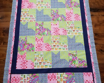 Pieced cat unfinished quilt top in Tula Pink Tabby Fabric 46.25 x 71.5 inches