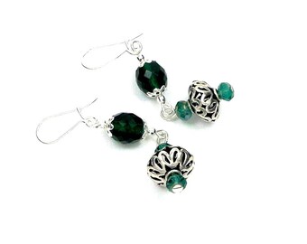 Earrings, silver, emerald green glass, boho chic