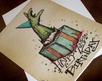 Zombie Party Hat Card Happy Birthday bursting from the Gift 5x7 Greeting Card Blank inside by Agorables Rulers of the Undead