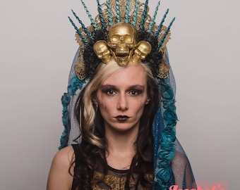 Virgin Mary Halo Day of the Dead Headpiece Saint Gold Skulls Crown Dia de los Muertos Headdress Blue Black Veil Costume Blessed Mother