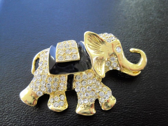 Elephant Brooch, Rhinestone Covered, Black Enamel Highlights