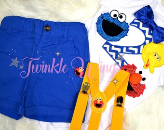 3-pc set Sesame street Big Bird Cookie Monster Elmo inspired birthday outfit - include personalised top and bottom 12months