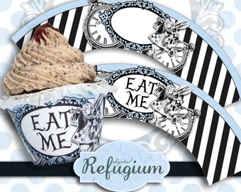 Cupcake Wrappers Alice in Wonderland, Digital Collage Sheet, Instant Download