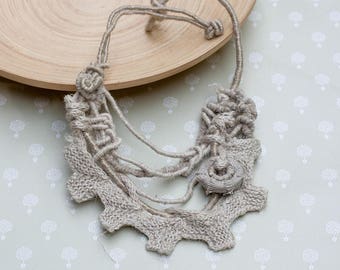 Linen bib necklace, rustic statement jewelry with bamboo bead, ecru, oatmeal, OOAK