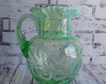 Jefferson Glass Co. Buttons and Braids, Green Victorian Glass Pitcher, Antique Pitcher, Treasury Item, 9" Tall, Beau