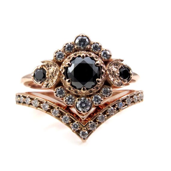 Rose Gold Moon Engagement Ring - Black and White Diamond Handmade Wedding Rings