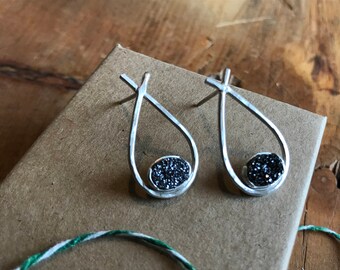 Sterling Silver Black Druzy Quartz Earrings