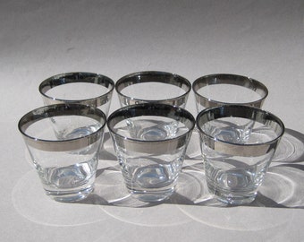 Vintage Silver Band Rocks Glasses Set of 6 Dorothy Thorpe Era Silver Rim Low Tumblers Mid Century Barware