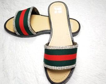 Gucci inspired slides, women slides, gucci slides,custom slides, Green &Red Gucci Inspired Stripe, Fashion Slides Flip Flops, gucci shoes