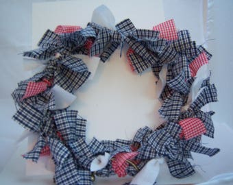 Rag wreath homespun fabric blue, red, whte