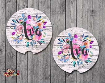 Monogrammed Floral Car Coasters - Blush Weathered Wood - Personalized Car Coasters - Shabby Chic - Car Accessory - Monogrammed