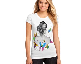 T-shirt painted for women- Butterflies of humanity - gift, hand painted