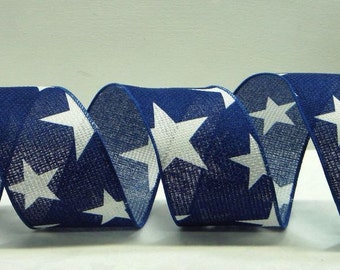 2.5 inch Wired Patriotic Ribbon ~ Blue Ribbon Large White Stars ~ July 4th Craft Ribbon ~ American Flag Ribbon ~ For Wreaths ~ 3 Yards
