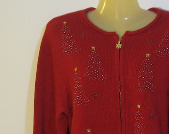 Tacky Red Christmas Sweater. Beaded and metallic embroidered trees, snowflakes. zipper front size M medium. 1990s vintage