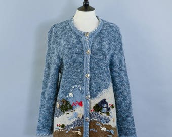 Vintage 90's C&A Grunge Loose Fit Blue Wool Blend Cardigan Medium UK 12 14