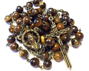 Vintage Style Tiger Eye Handmade Catholic Rosary with Bronze Finished Crucifix and Center
