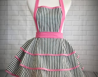 Striped retro pinup apron with pink ties // bridal shower gift // hostess gift