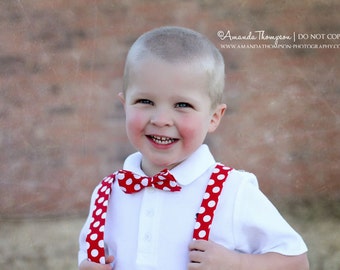 Red and White Polkadot Boys Bowtie and Suspenders, Christmas Outfit, Holiday Boy's Bow tie