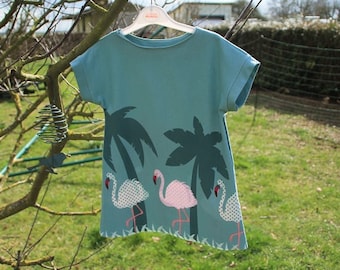 Oeko-Tek jersey with short sleeves, pink flamingos pattern, size 4 dress