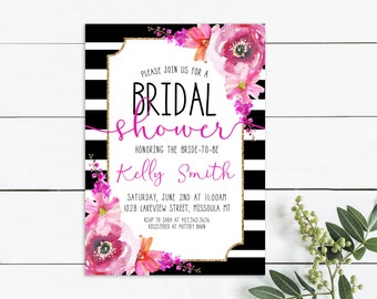Kate Bridal Shower Invitation, Floral Bridal Shower Invitation, Kate Bridal Shower Invites, Printable Invitation, Black Stripes, P3