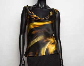 Tank silk top/printed in black and gold/creation unique clam / T 40 / woman
