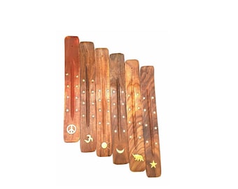 Hand Crafted Wooden Ash Catcher Incense Holder Incense Burner - Peace, Om, Elephant, Sun, Moon, Star Inlay - Ideal for Incense Sticks, Cones