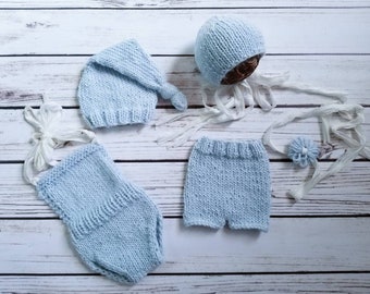 Newborn Mix and Match Props, Knit Bonnet,Wool Props,Newborn Shorts,Newborn Romper,Prop Set,Baby Knits,Newborn Knits,Ice Blue,Soft Pink,Pearl