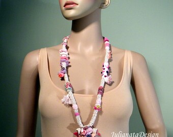 Bpowout Sale - CONTEMPORARY PORTUGUESE NECKLACE - Wearable Fiber Art Jewelry, Freeform Crocheted, Handcrafted Brooch, Exquisitely Beaded