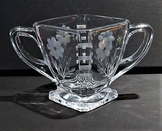 HEISEY Glass / Heisey Etched Sugar Bowl / Antique Glass / Signed