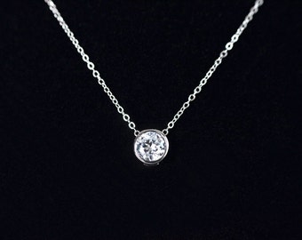 Cubic Zirconia Solitaire Necklace, Sterling Silver Necklace, Round Cubic Zirconia Slider, Bridal Necklace, Bridesmaid Necklace