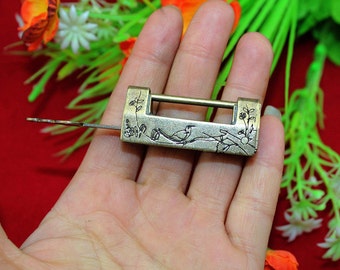 Chinese Lock Classical Vintage Brass Flower Bird Old, Plug Key Padlock - Internal 1"(25mm) - v29