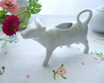 Vintage cow creamer, French white porcelain cow milk jug pitcher, made in France china cow dairy pot, country farmhouse kitchen decor 1 flaw