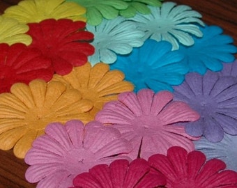 2" (5cm) Mulberry paper daisy flowers, 20, 50 or 100 in a mixed color pack. Super card making and scrap booking layout embellishments