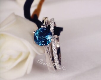 6.5 mm Natural London Blue Topaz Ring Set 6 Claws Topaz Engagement Ring Set/ Wedding Ring Set Silver Gemstone Ring Anniversary Ring Set