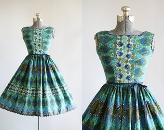 Vintage 1950s Dress / 50s Cotton Dress / Blue and Turquoise Rose and Harlequin Print Dress XS/S