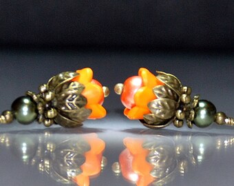 2 Vintage Style Orange Persimmon Tulip Flower Bead Dangles or Earrings 10mm Acrylic Flower Beads