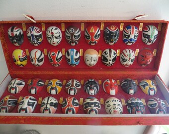 Vintage Set of MINI 32 Chinese Opera Masks Hand Painted, Ceramic in Display Box w/ free ship
