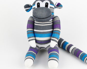 Handmade Gray Blue Striped Sock Monkey Stuffed Animal Doll Baby Gift Toys
