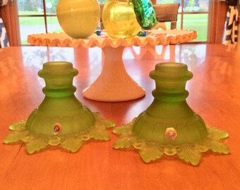 RARE!!!! Vintage Westmoreland Frosted Lime Green Satin Mist “Ring and Petal Design” Candlesticks