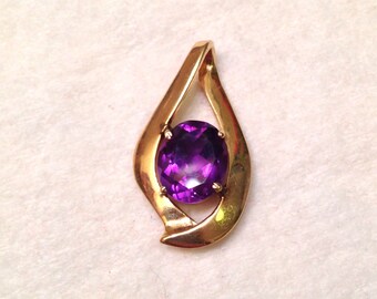 SALE- Modernist 14k Natural Russian Amethyst Teardrop Pendant- Deep Violet Purple Color!