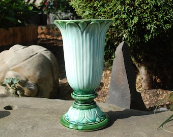 Tall Hull Pottery Vase in Emerald Green flowing into Mint Green into Whitish Blue Green with Forest Green Interior # 421 USA