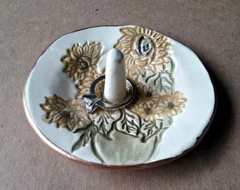 Ceramic Ring Holder Ring Bowl Ring Dish with Gold edging Sunflower OFF WHITE